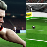 **Image Prompt:** A split screen. On one side, hyperrealistic graphics of a soccer video game, focusing on the intense concentration on the player's face as they attempt a difficult shot. On the other side, a blurred image of someone sitting for extended periods with a sedentary lifestyle. The dividing line represents the balance between virtual entertainment and real-world health concerns. The overall mood should convey the allure of perfection in video games versus the importance of physical well-being.