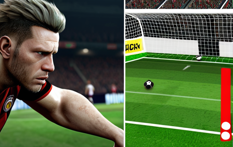 **Image Prompt:** A split screen. On one side, hyperrealistic graphics of a soccer video game, focusing on the intense concentration on the player's face as they attempt a difficult shot. On the other side, a blurred image of someone sitting for extended periods with a sedentary lifestyle. The dividing line represents the balance between virtual entertainment and real-world health concerns. The overall mood should convey the allure of perfection in video games versus the importance of physical well-being.
