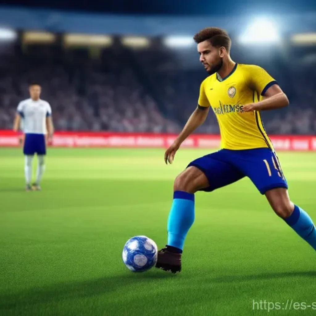 스포츠게임 개발자 강연 - **A hyper-realistic football (soccer) match scene at twilight.** A male player in a modern, form-fit...