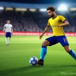 스포츠게임 개발자 강연 - **A hyper-realistic football (soccer) match scene at twilight.** A male player in a modern, form-fit...