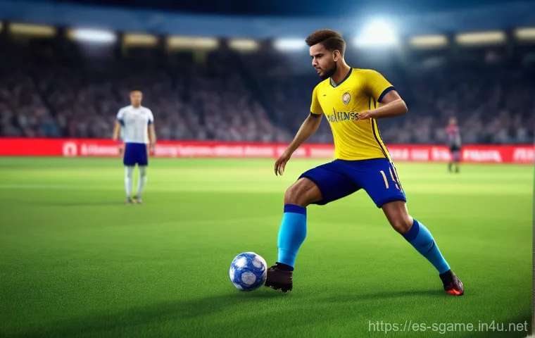 스포츠게임 개발자 강연 - **A hyper-realistic football (soccer) match scene at twilight.** A male player in a modern, form-fit...