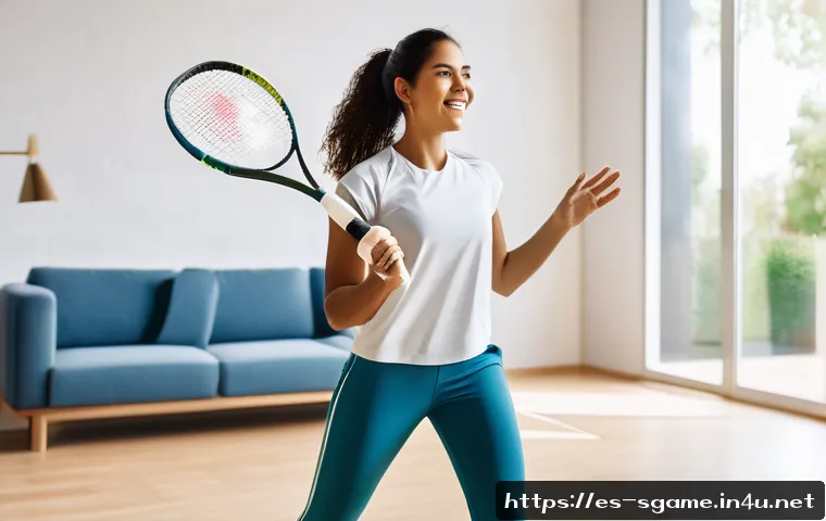운동 시뮬레이션 게임의 실제 효과 - A young Hispanic woman in sporty casual attire, wearing comfortable workout clothes, actively playin...